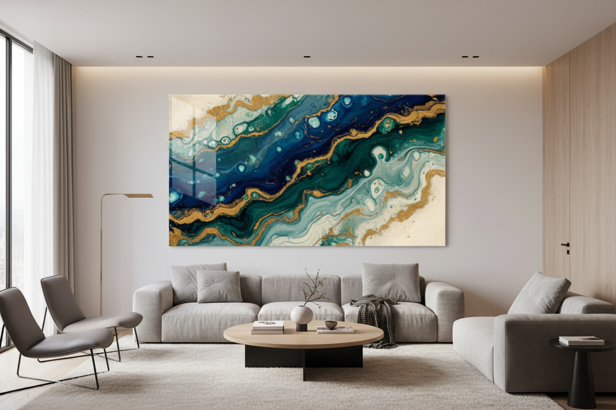 Modern living with a fluid art canvas on the wall